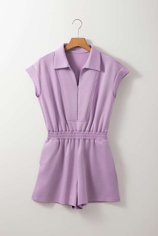 Orchid Bouquet Short Sleeve Zipper Collared Elastic High Waist Romper