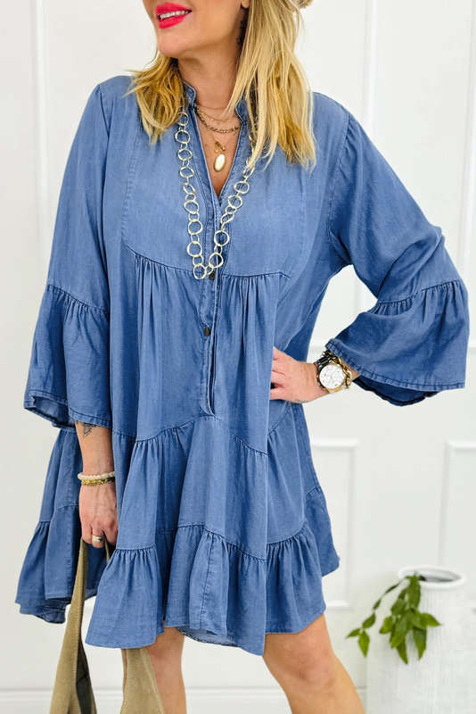Blue V-Neck Knitted Summer Top with Exposed Seams