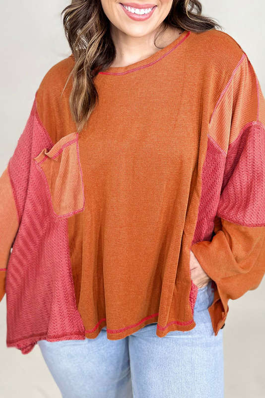 Orange Textured Knit Color Block Patchwork Chest Pocket Plus Size Top