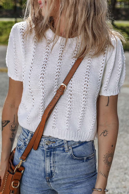 White Pointelle Knit Short Puff Sleeve Crewneck Sweater