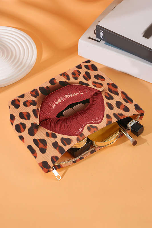 Brown Leopard Lip Shape Print Canvas Functional Makeup Bag