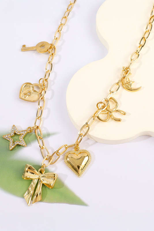 Gold Bow Heart Star Key Charm Alloy Adjustable Chain Necklace