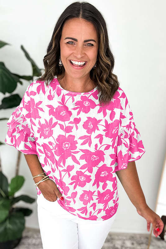 Pink Floral Printed Ruffled Short Sleeve Round Neck Loose Blouse