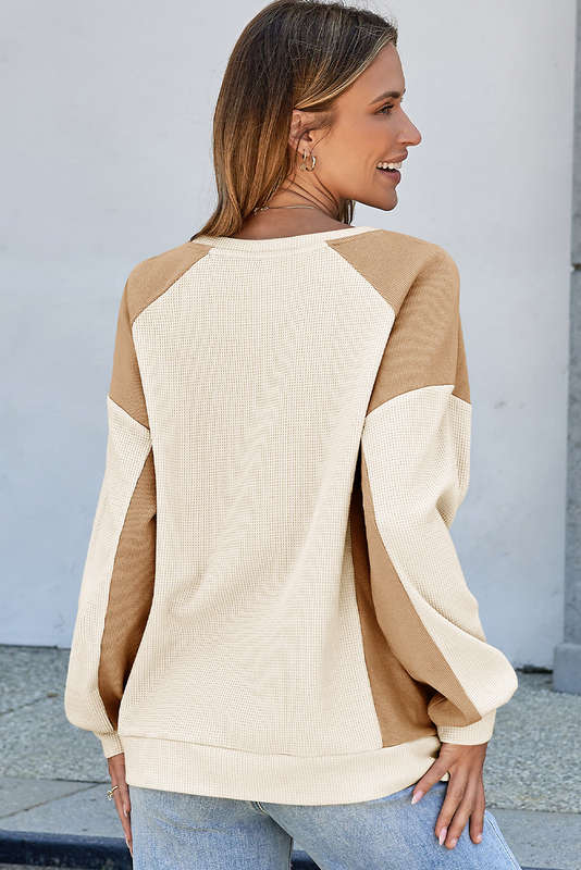 White Color Block Waffle High Low Raglan Sleeve Sweatshirt
