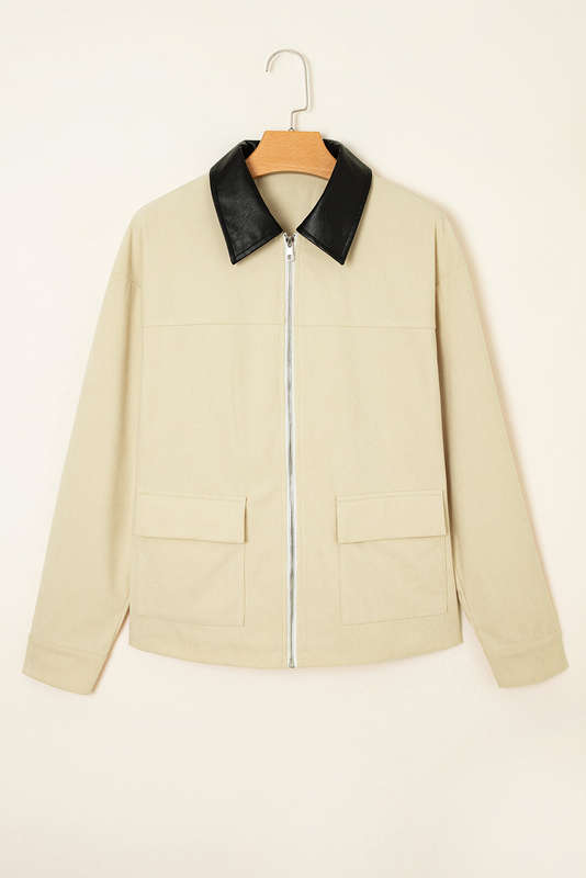 Parchment Contrast Leather Collar Textured Zip Up Jacket