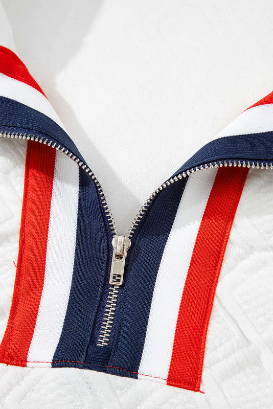 White Textured Jacquard Colorblock Edge Puff Sleeve Quarter Zip Mini Dress
