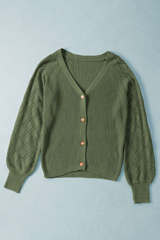 Green Bishop Sleeve Button V Neck Cardigan Sweater