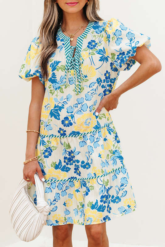 Blue Floral Striped Trim Puff Short Sleeve Dress