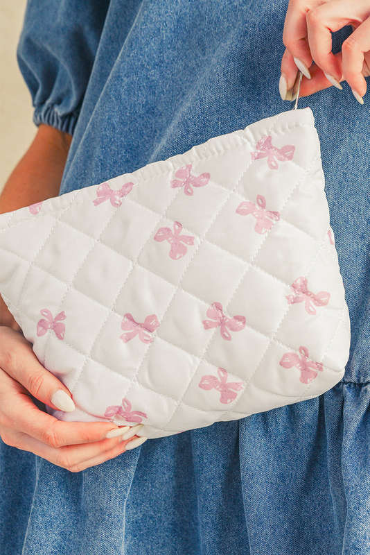 White Bow Knot Print Zipper Quilted Large Cosmetic Bag