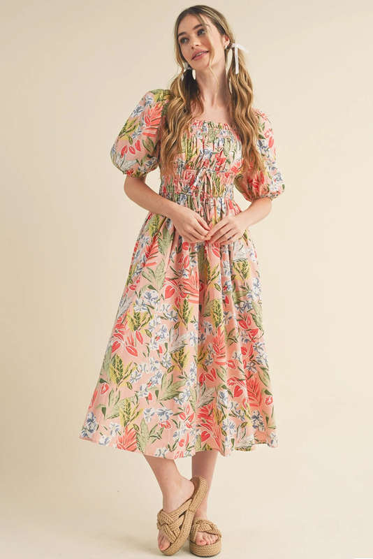 Apricot Pink Floral Smocked Bust Bubble Short Sleeve Maxi Dress