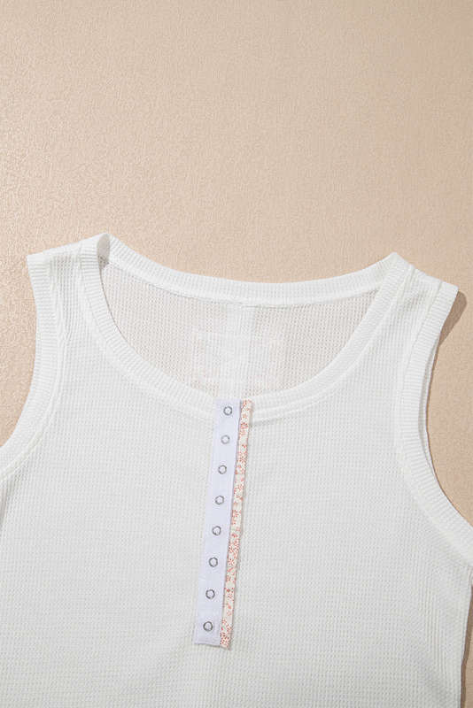 White Solid Color Waffle Knit Half Buttons Tank Top