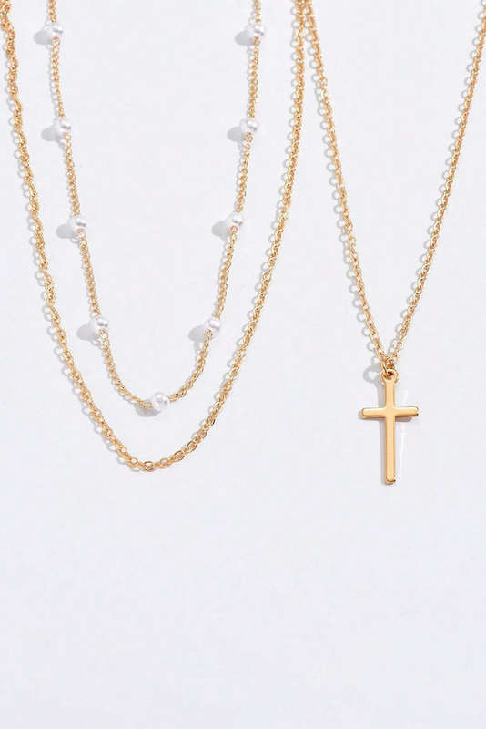 Gold Plated Cross Pendant Pearl Decor Triple Layer Chain Necklace