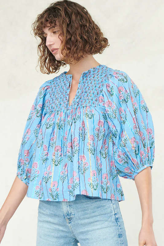 Blue V-Neck Knitted Summer Top with Exposed Seams