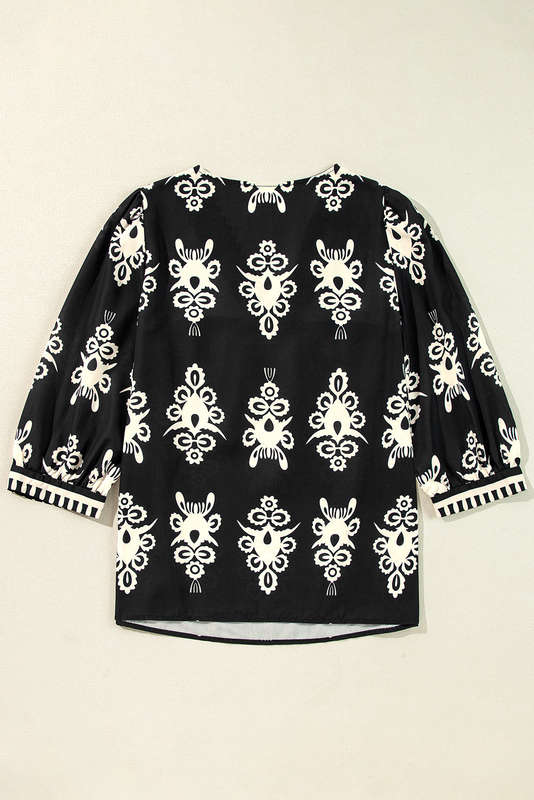 Black Vintage Geometric Printed 3/4 Sleeve V Neck Blouse