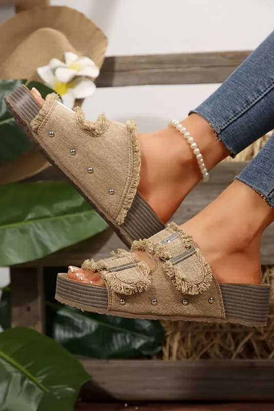 Pale Khaki Double Buckle Straps Hollow Out Frayed Detial Retro Slippers