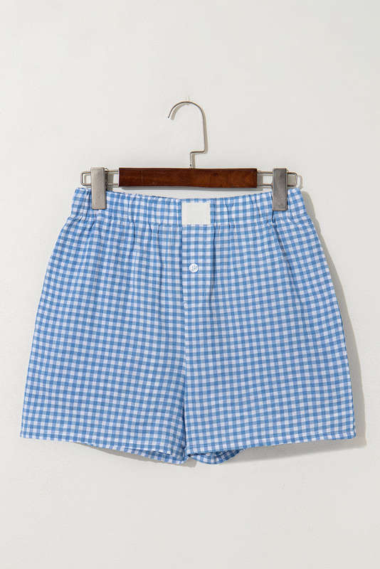 blue Red Plaid Gingham Printed High Waist Shorts