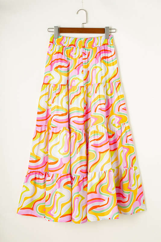 Pink Abstract Print Tiered Flowy Maxi Skirt