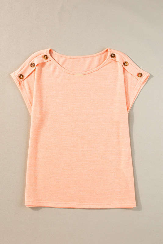 Apricot Pink Button Detail Batwing Sleeve Casual Tee