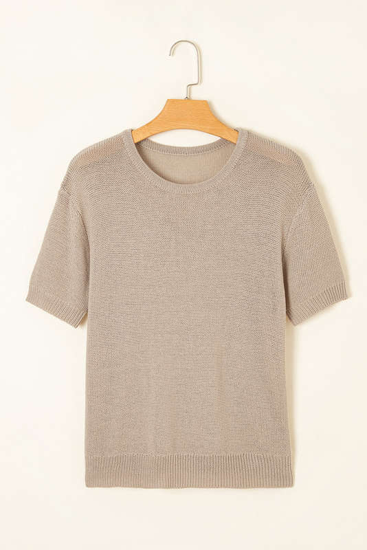 Beige Shiny Knitted Short Sleeve Drop Shoulder Sweater