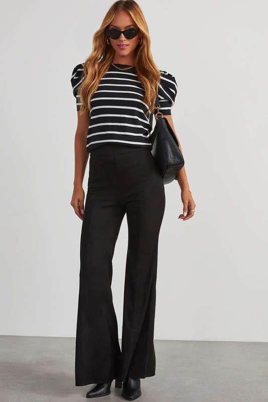 White Stripe Ribbed Trim Round Neck Bubble Sleeve Knitted Top