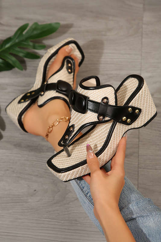 Black Color Contrast Woven PU Leather Patchwork Wedge Slippers