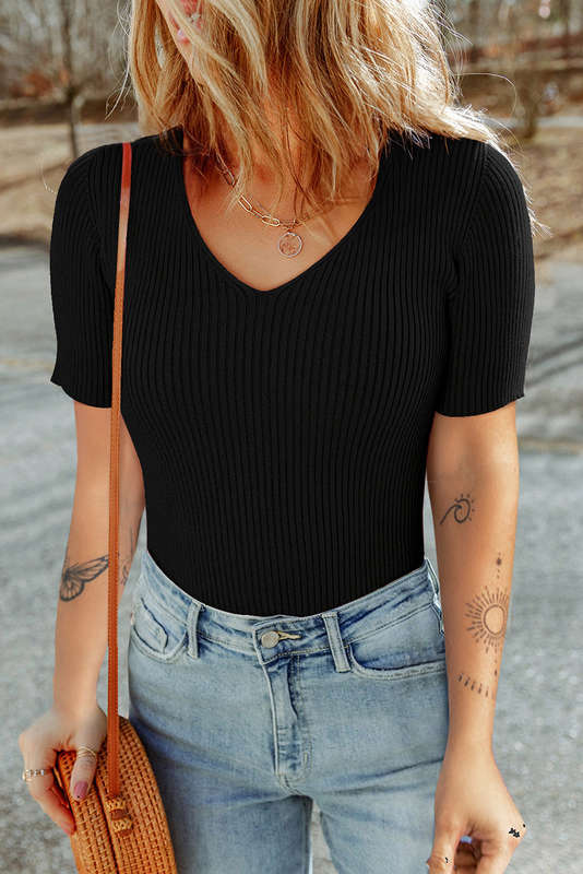 Black V Neck Ribbed Knit Lightweight Short Sleeve Sweater