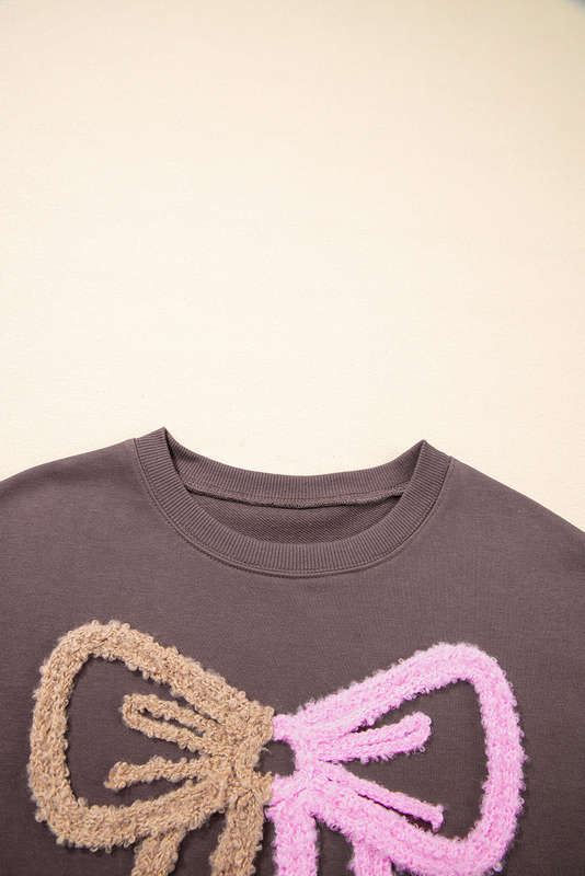 Dark Khaki Contrast Terry Bow Pattern Drop Shoulder Sweatshirt