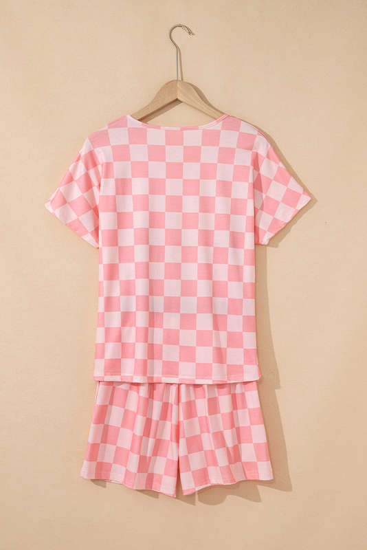 Pink Checkered V Neck Tee Drawstring Shorts Lounge Set