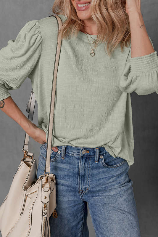 Laurel Green Textured Round Neck Half Sleeve Blouse