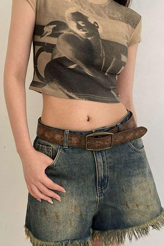 Chestnut Vintage Pattern PU Leather Waist Belt