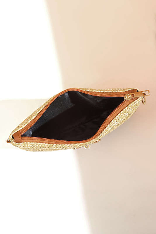 Beige Bow Pearl Decor Straw PU Leather Patched Crossbody Bag
