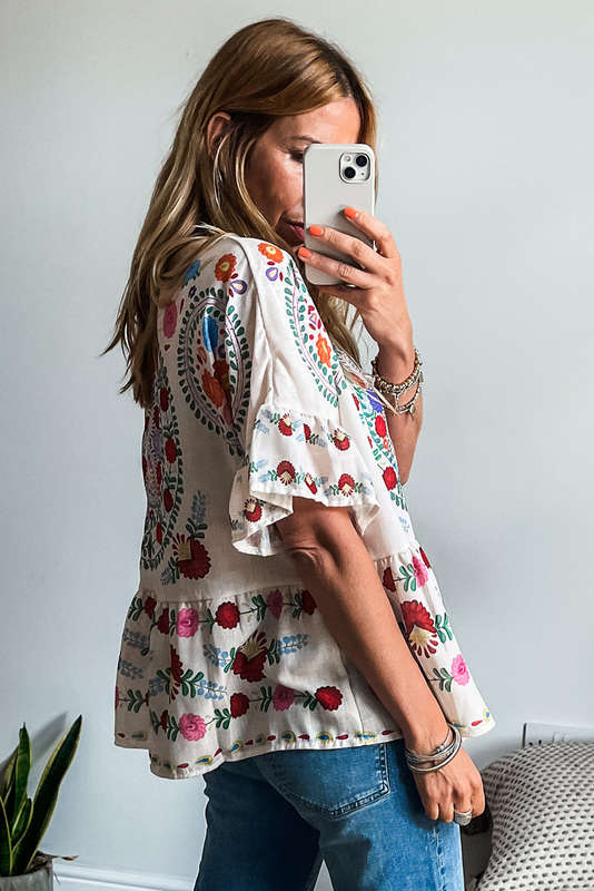 Pink Boho Floral Puff Sleeve Summer Blouse