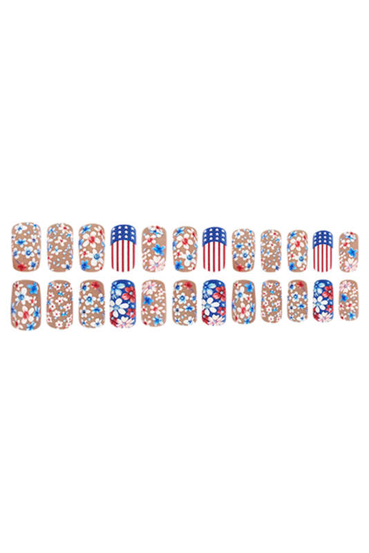 Sky Blue American Flag Flower Print Square False Nails
