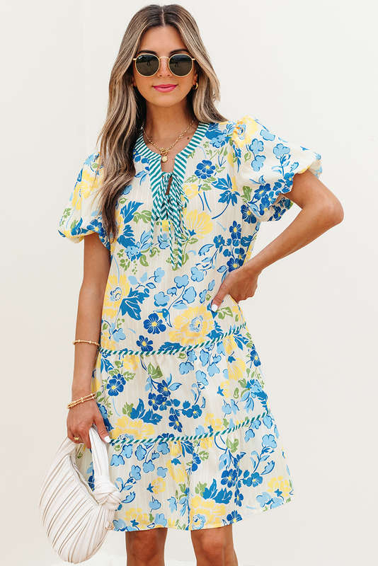 Blue Floral Striped Trim Puff Short Sleeve Dress