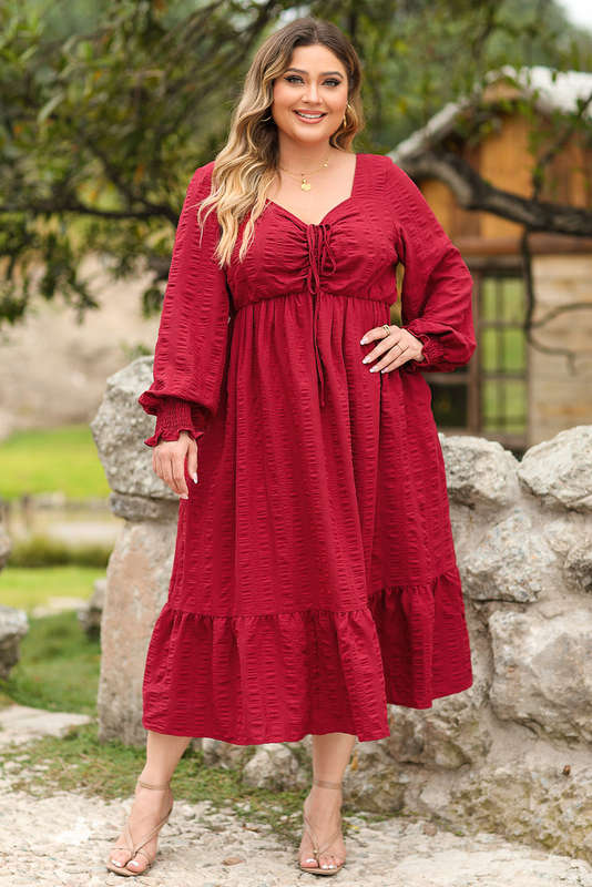 Fiery Red Lace-up Ruched Front Long Sleeve Ruffle Hem Plus Size Midi Dress