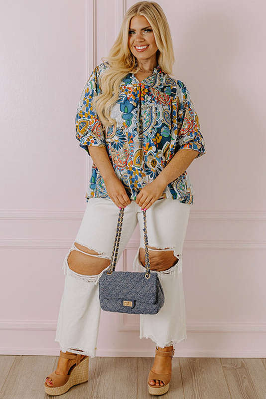 Multicolour Plus Size Floral Print Half Sleeve Slit Neck Blouse