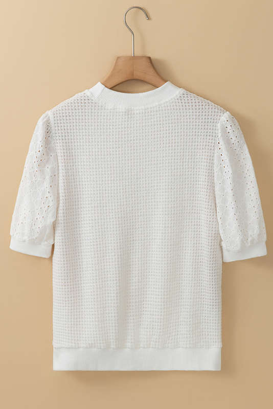 White Broderie Anglaise Puff Sleeve Waffle Knit Tee