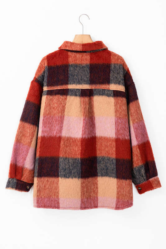 Orange Plaid Print Flap Pockets Buttoned Casual Plus Size Jacket
