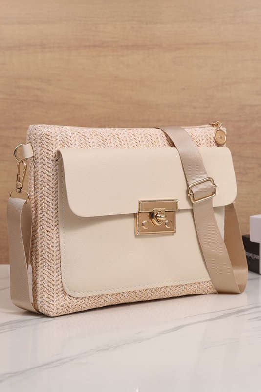 Beige Leather Pocket Patchwork Straw Woven Shoulder Bag