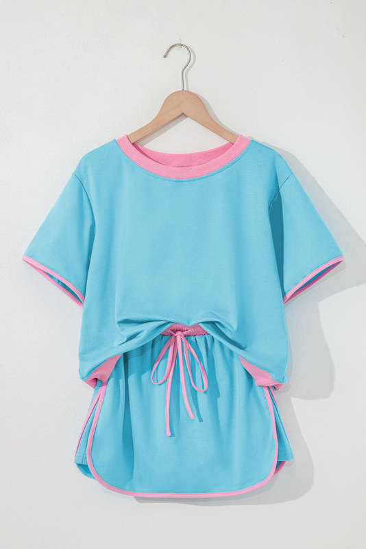 Turquoise Colorblock Edge Drop Shoulder T Shirt and Skort 2Pcs Set