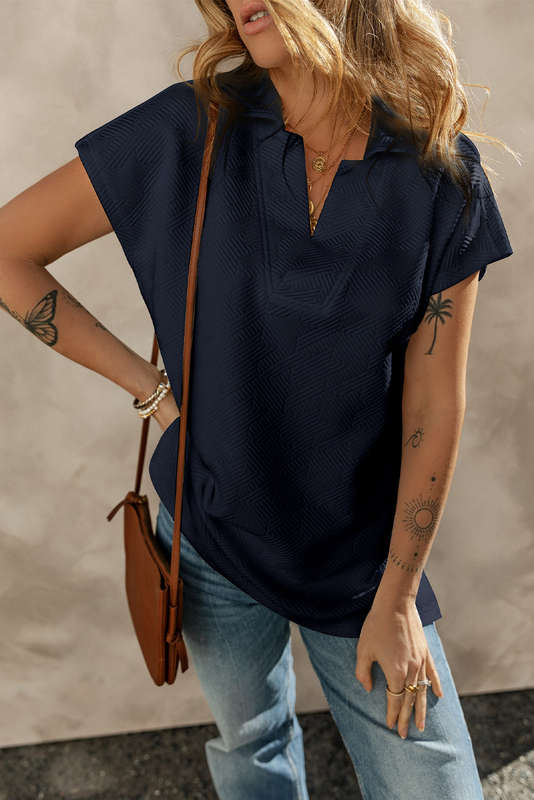 Navy Blue Textured V Neck Collared Short Sleeve Top