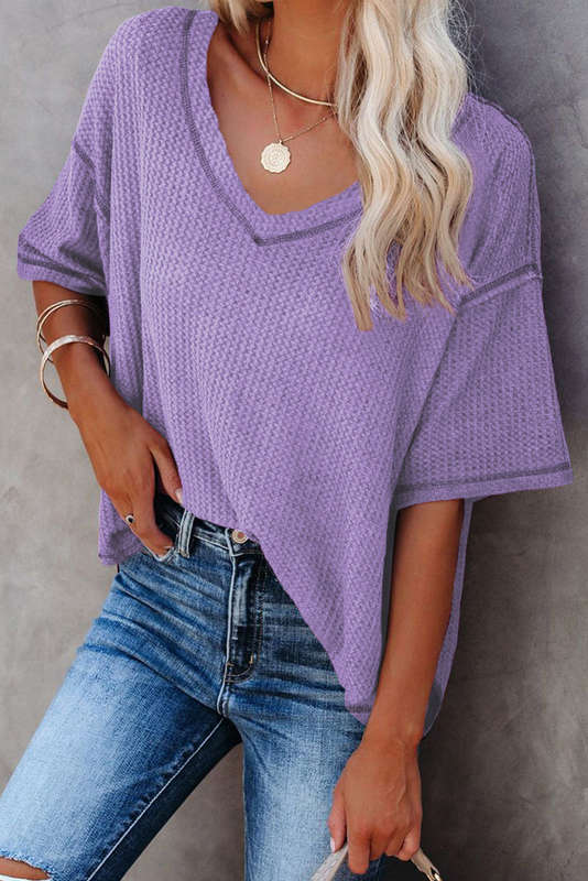 Purple Exposed Seam Half Sleeve Knitted V Neck Textured Top