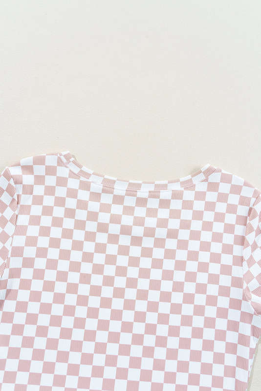 Pink Checkered Ribbed Slim Fit Crew Neck T Shirt