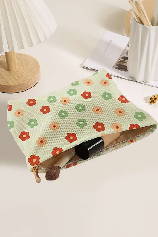 Clearly Aqua Flower Print Corduroy Zipper Makeup Storage Bag