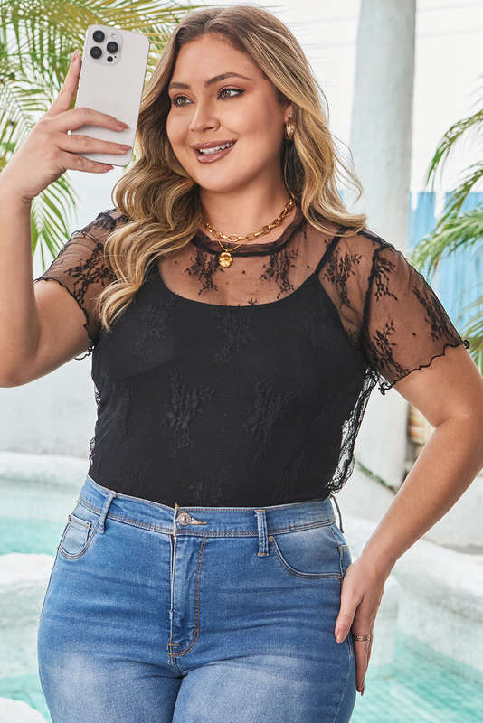 Black Plus Size Sheer Lace Mesh Short Sleeve Top