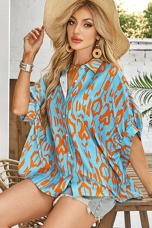 Sky Blue Abstract Print Dolman Short Sleeve Western Loose Shirt