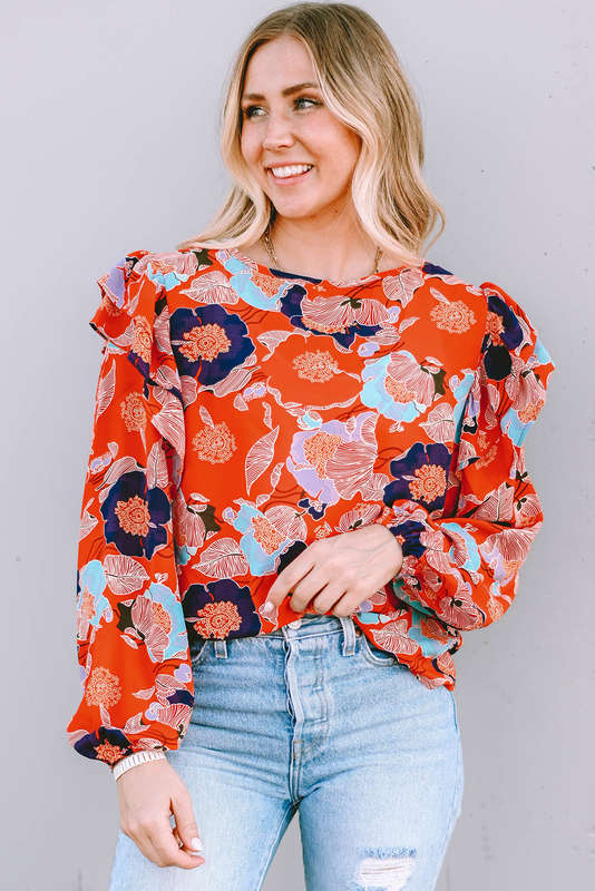 Red Floral Print Ruffle Puff Sleeve Blouse