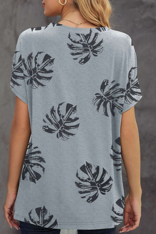 Gray Crew Neck Tropical Plants Print T-shirt