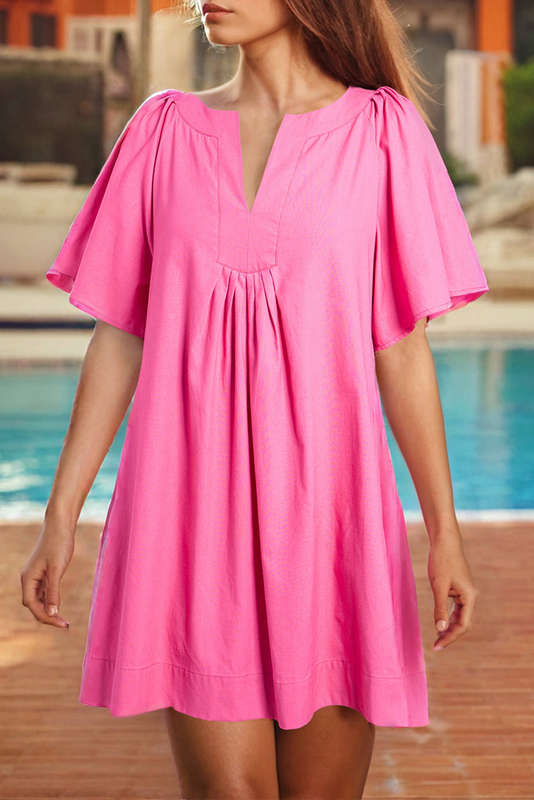 Bonbon Split V Neck Short Flutter Sleeve Pleated Shift Dress