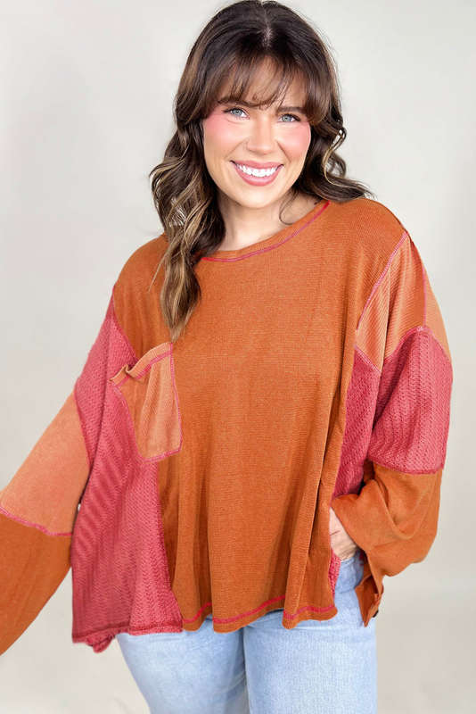 Orange Textured Knit Color Block Patchwork Chest Pocket Plus Size Top